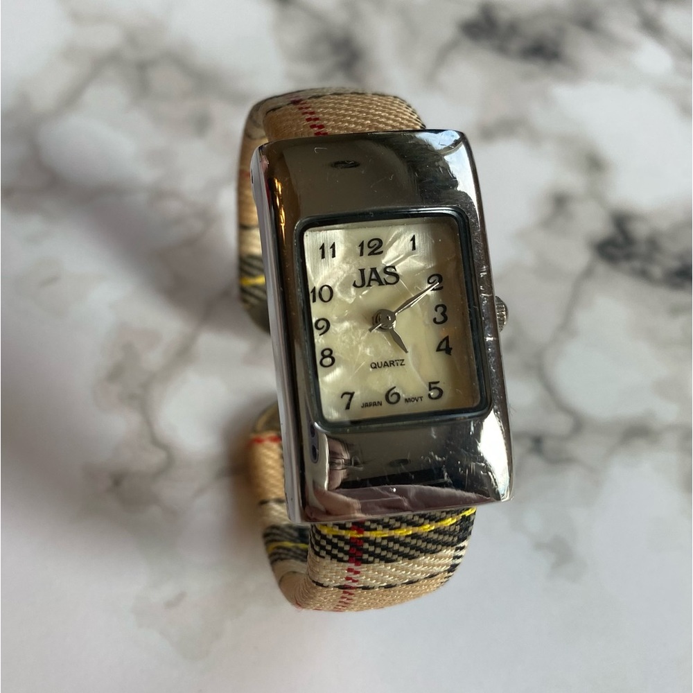 Vintage JAS Plaid Fabric Cuff Bracelet Watch